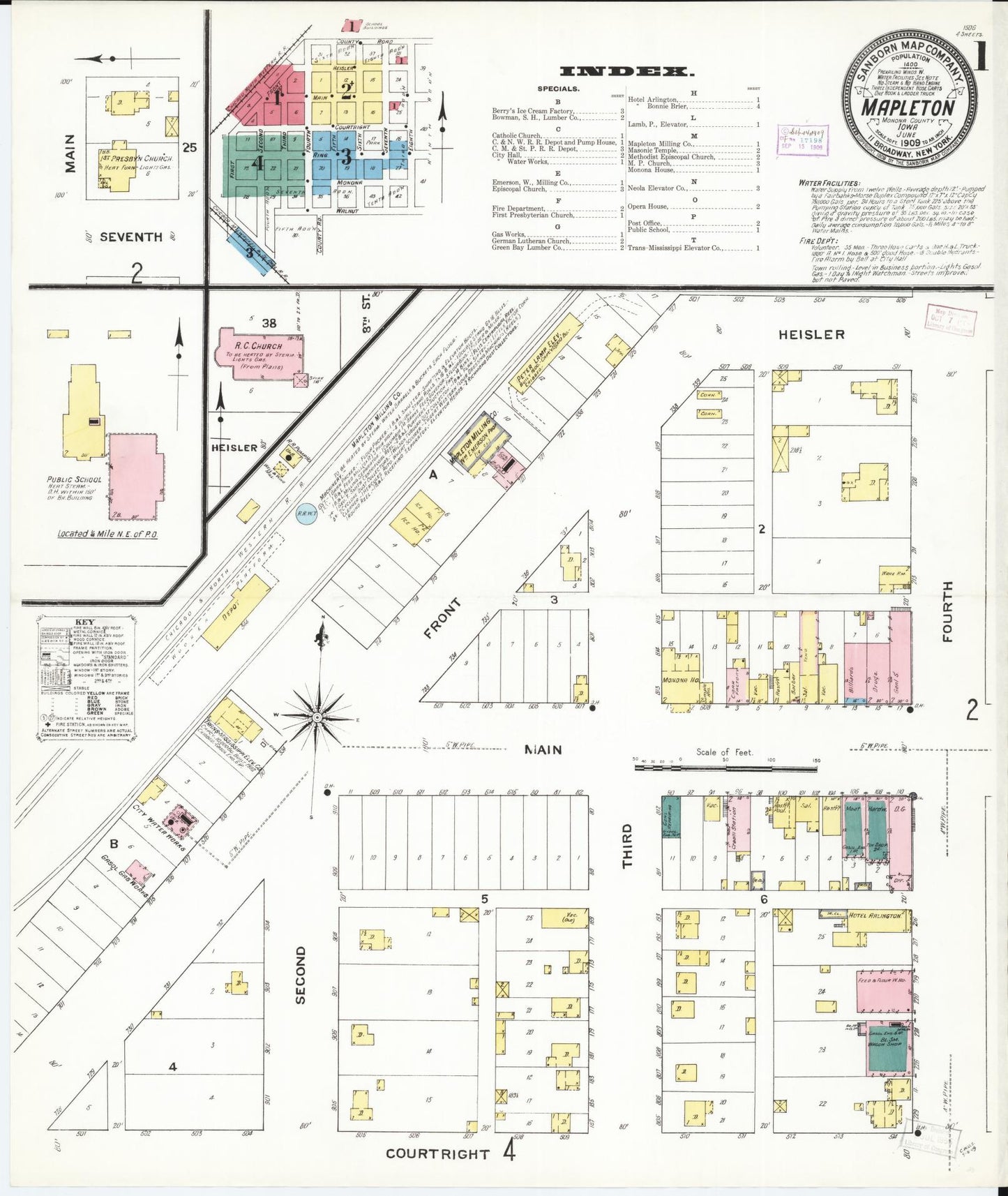 Sanborn Fire Insurance Map from Mapleton, Monona County, Iowa (1909), Sheet #0001 - Historic Sanborn Fire Insurance Map Print, vintage old map wall art