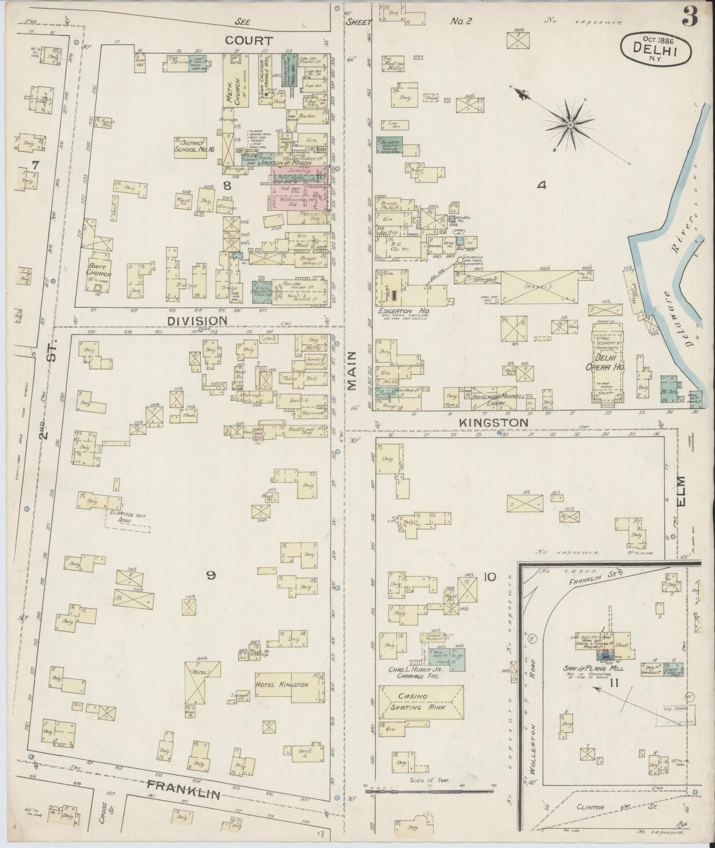 Sanborn Fire Insurance Map from Delhi, Delaware County, New York (1886), Sheet #0003 - Historic Sanborn Fire Insurance Map Print, vintage old map wall art, antique decor, genealogy gift, Delhi Delaware map
