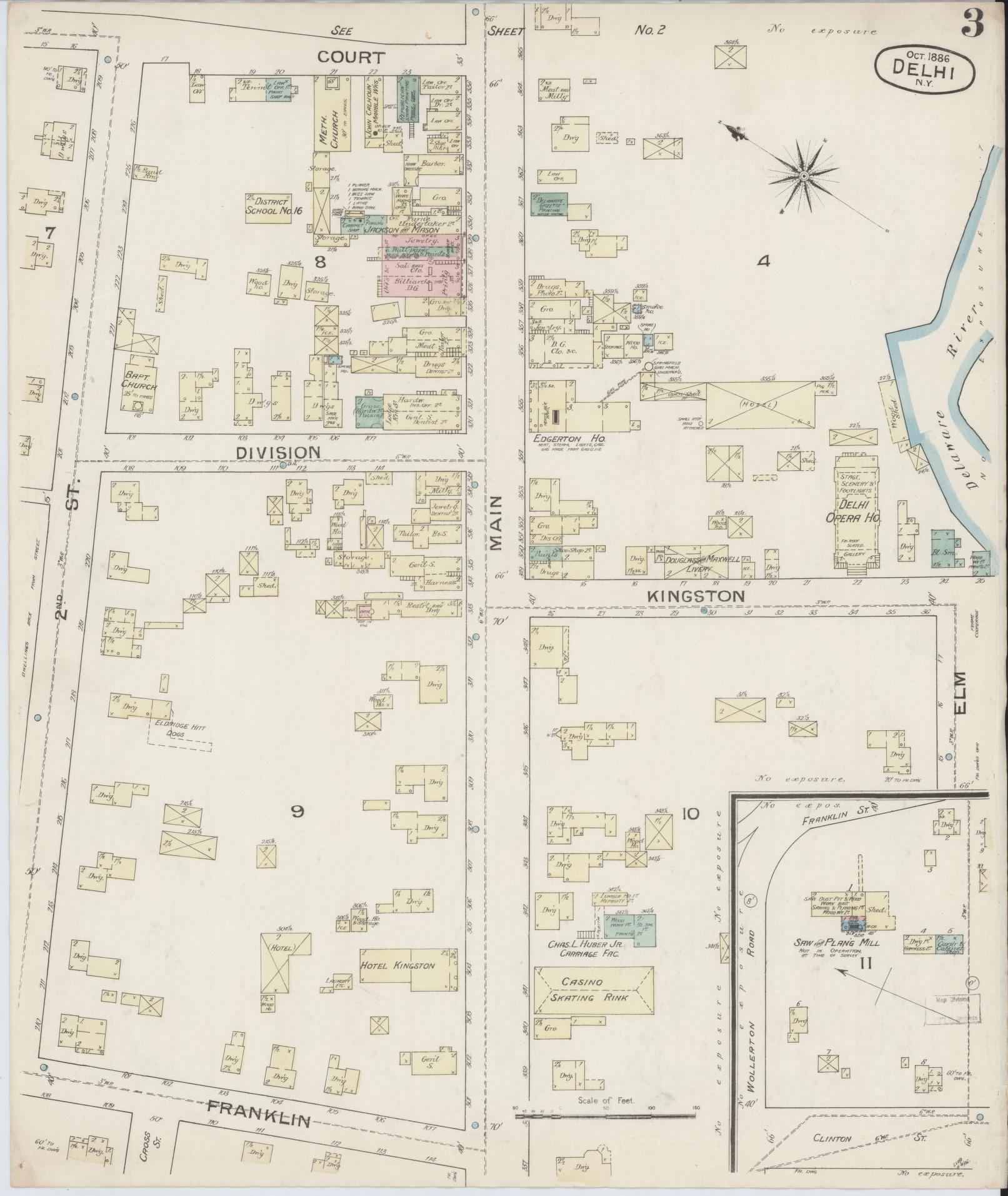 Sanborn Fire Insurance Map from Delhi, Delaware County, New York (1886), Sheet #0003 - Historic Sanborn Fire Insurance Map Print, vintage old map wall art, antique decor, genealogy gift, Delhi Delaware map