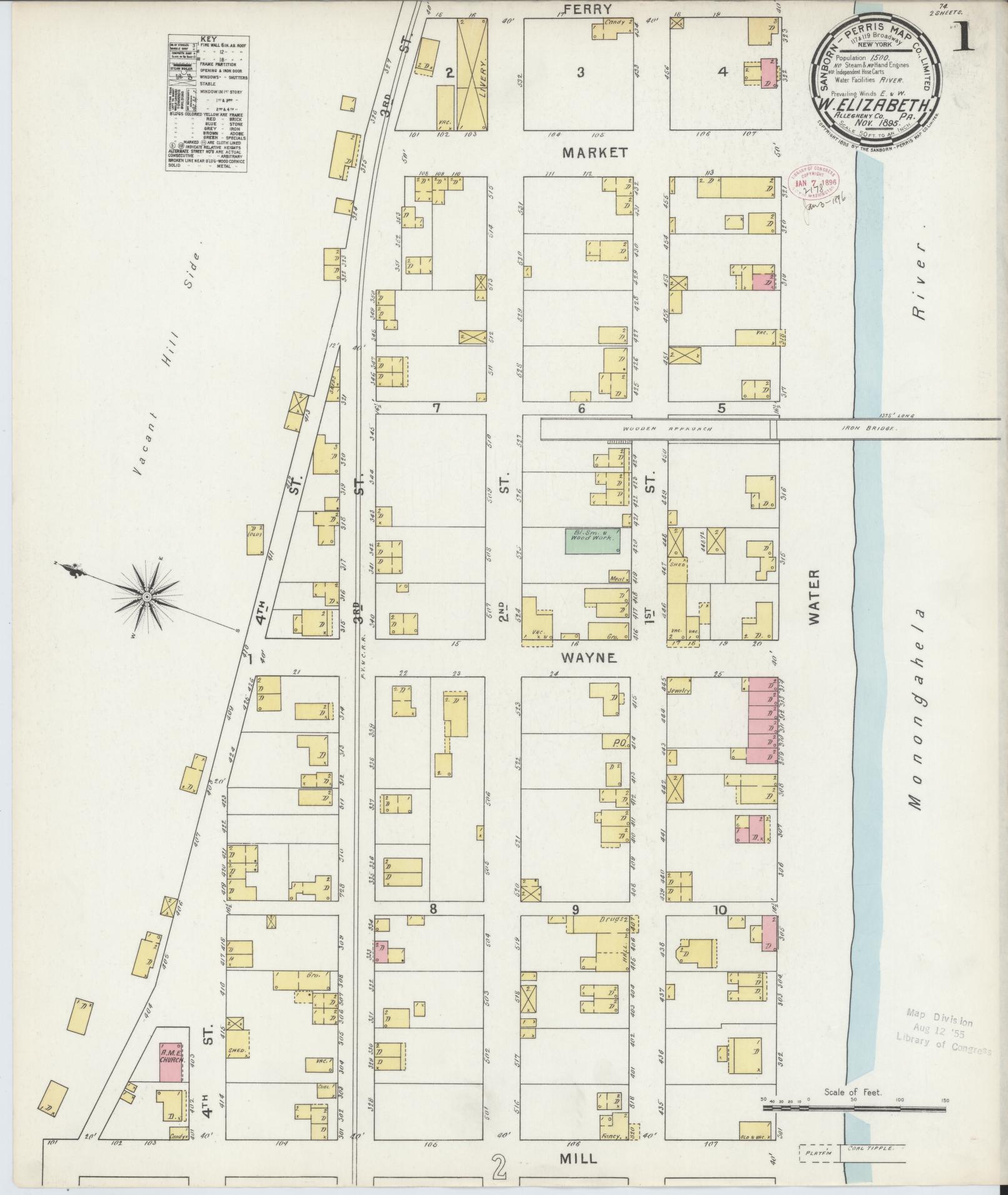 Sanborn Fire Insurance Map from West Elizabeth, Allegheny County, Pennsylvania (1895), Sheet #0001 - Complete Map Set gallery image, historic Sanborn map, vintage wall art, Pennsylvania Pennsylvania
