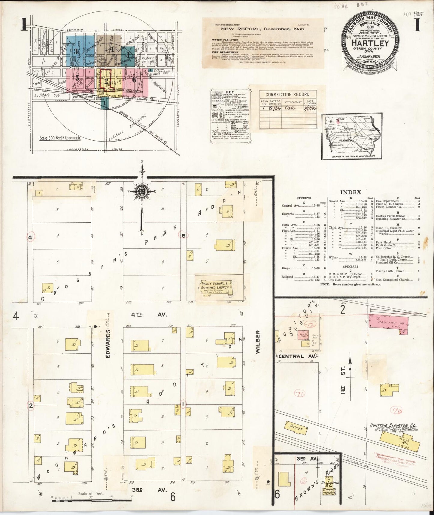 Sanborn Fire Insurance Map from Hartley, O'Brien County, Iowa (1936), Sheet #0001 - Historic Sanborn Fire Insurance Map Print, vintage old map wall art