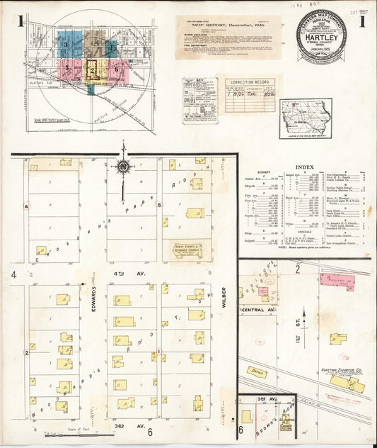 Sanborn Fire Insurance Map from Hartley, O'Brien County, Iowa (1936), Sheet #0001 - Historic Sanborn Fire Insurance Map Print, vintage old map wall art