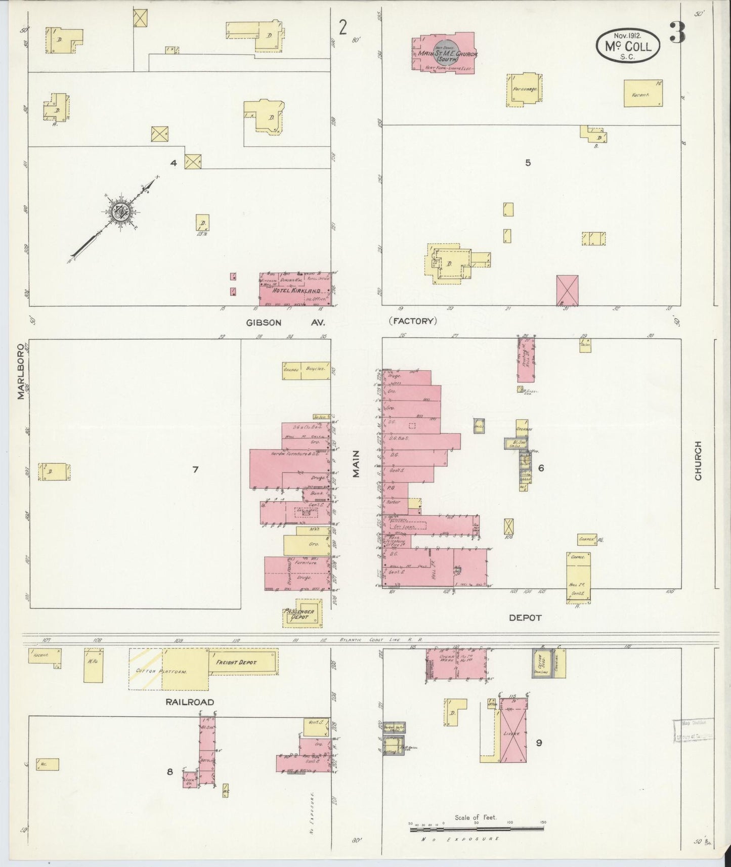 Sanborn Fire Insurance Map from McColl, Marlboro County, South Carolina (1912), Sheet #0003 - Complete Map Set gallery image, historic Sanborn map, vintage wall art, South Carolina South Carolina