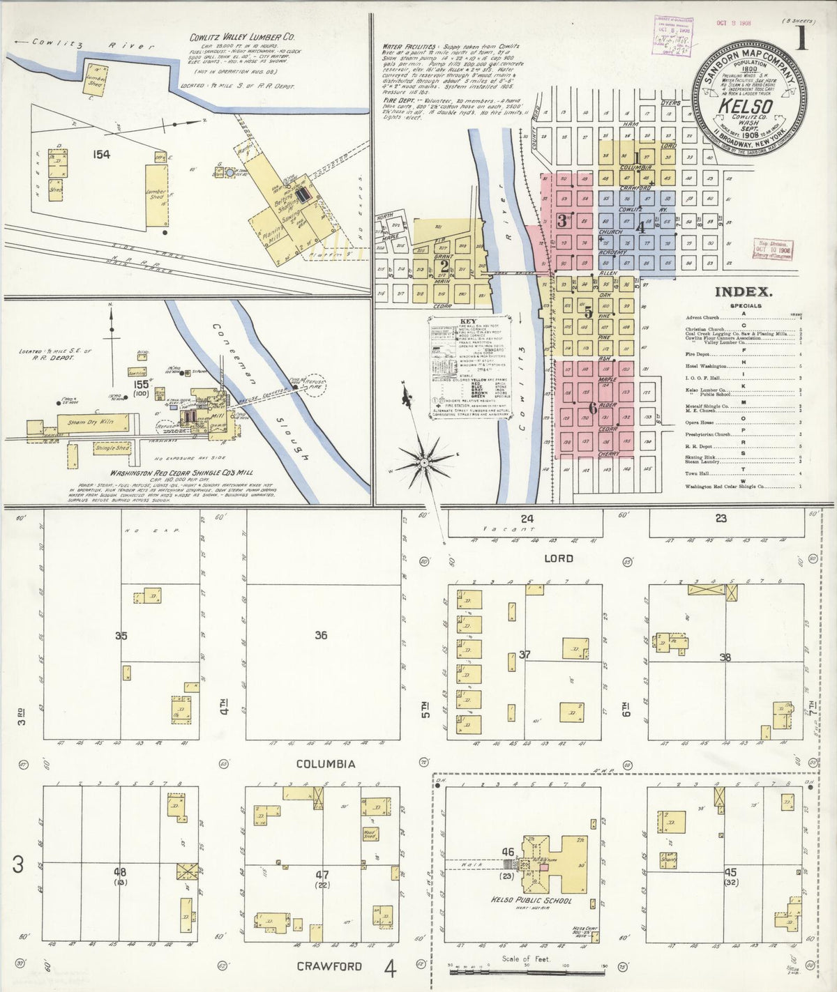 Sanborn Fire Insurance Map from Kelso, Cowlitz County, Washington (1908), Sheet #0001 - Historic Sanborn Fire Insurance Map Print, vintage old map wall art, antique decor, genealogy gift, Washington Washington map