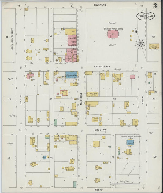 Sanborn Fire Insurance Map from Tahlequah, Cherokee County, Oklahoma (1899), Sheet #0003 - Historic Sanborn Fire Insurance Map Print, vintage old map wall art, antique decor, genealogy gift, Oklahoma Oklahoma map