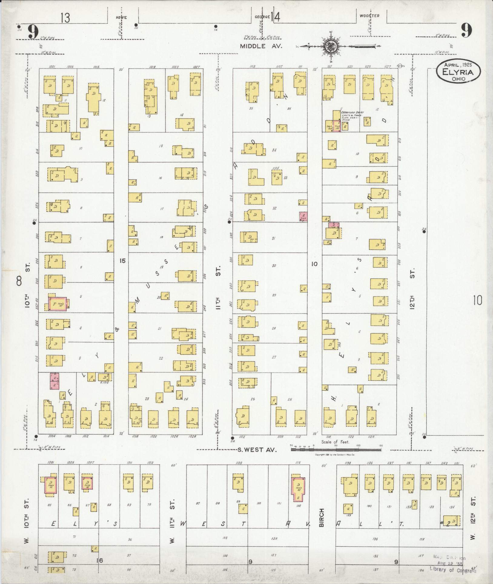 Sanborn Fire Insurance Map from Elyria, Lorain County, Ohio (1925), Sheet #0009 - Historic Sanborn Fire Insurance Map Print, vintage old map wall art, antique decor, genealogy gift, Ohio Ohio map