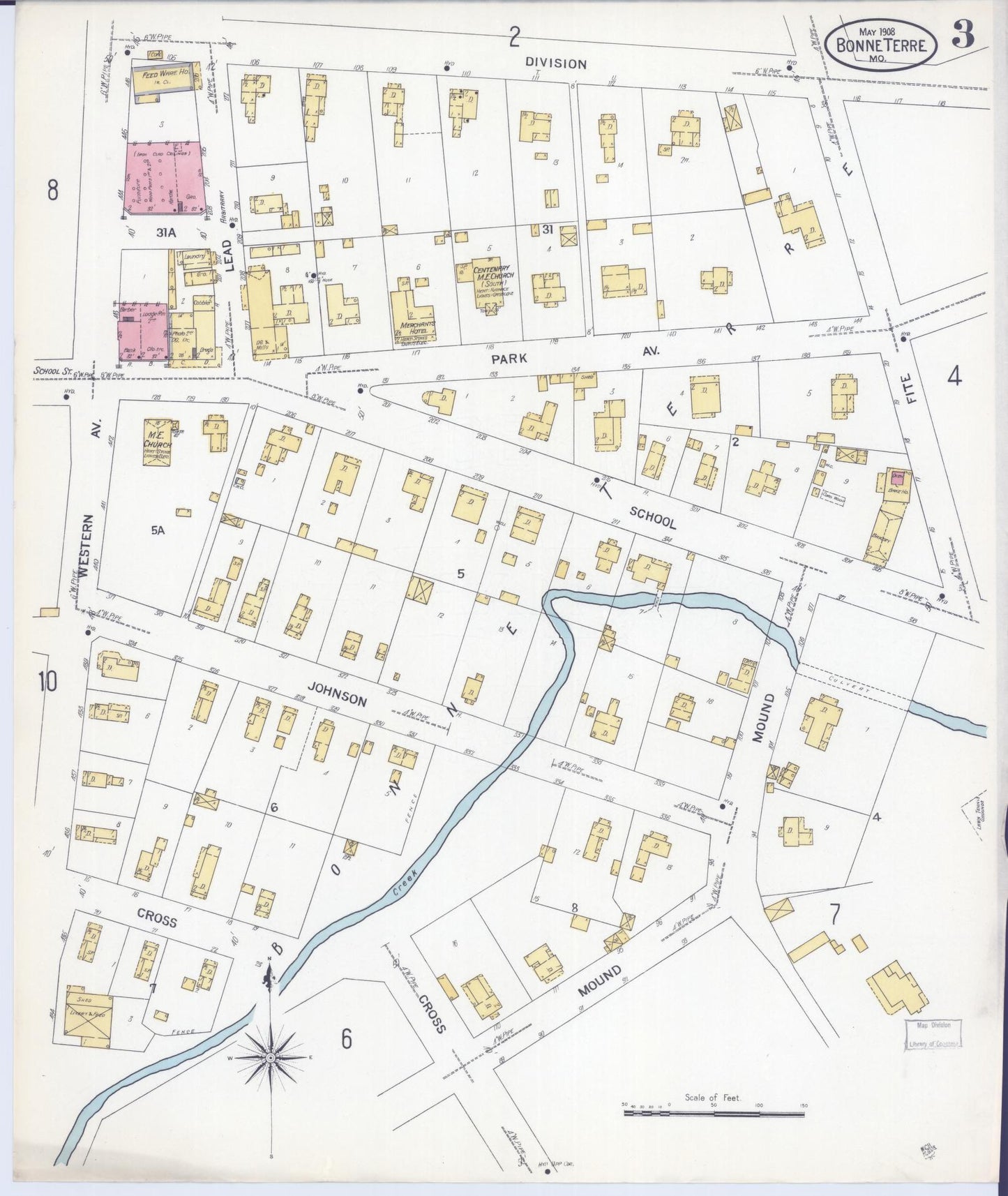 Sanborn Fire Insurance Map from Bonne Terre, Saint Francois County, Missouri (1908), Sheet #0003 - Historic Sanborn Fire Insurance Map Print, vintage old map wall art, antique decor, genealogy gift, Missouri Missouri map