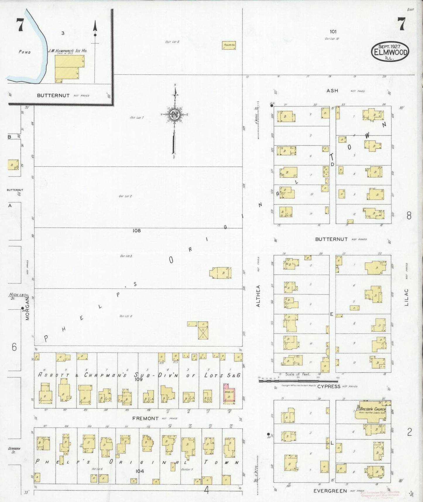 Sanborn Fire Insurance Map from Elmwood, Peoria County, Illinois (1927), Sheet #0007 - Historic Sanborn Fire Insurance Map Print, vintage old map wall art, antique decor, genealogy gift, Illinois Illinois map