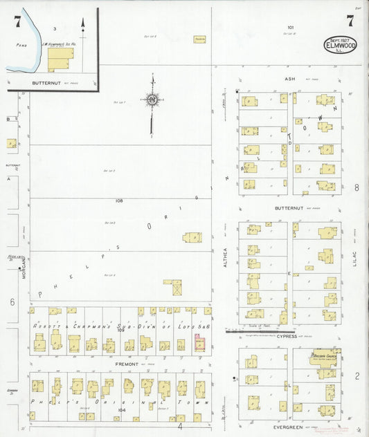 Sanborn Fire Insurance Map from Elmwood, Peoria County, Illinois (1927), Sheet #0007 - Historic Sanborn Fire Insurance Map Print, vintage old map wall art, antique decor, genealogy gift, Illinois Illinois map