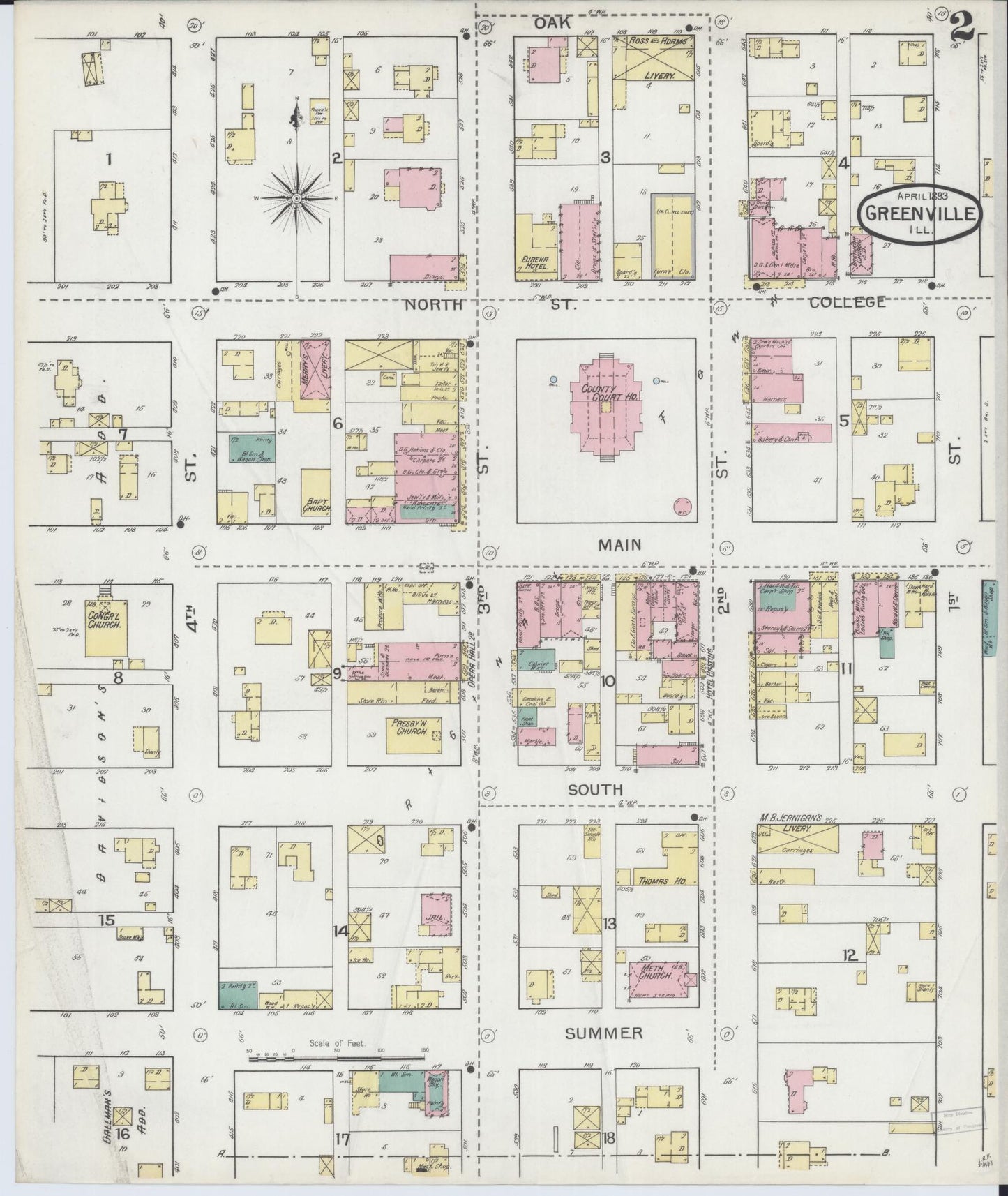 Sanborn Fire Insurance Map from Greenville, Bond County, Illinois (1893), Sheet #0002 - Complete Map Set gallery image, historic Sanborn map, vintage wall art, Illinois Illinois