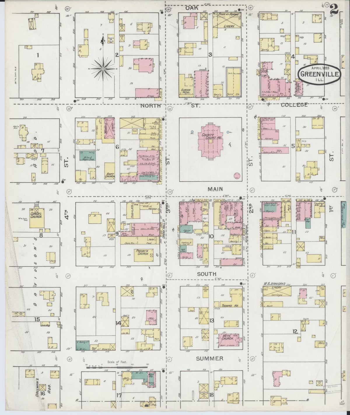 Sanborn Fire Insurance Map from Greenville, Bond County, Illinois (1893), Sheet #0002 - Complete Map Set gallery image, historic Sanborn map, vintage wall art, Illinois Illinois