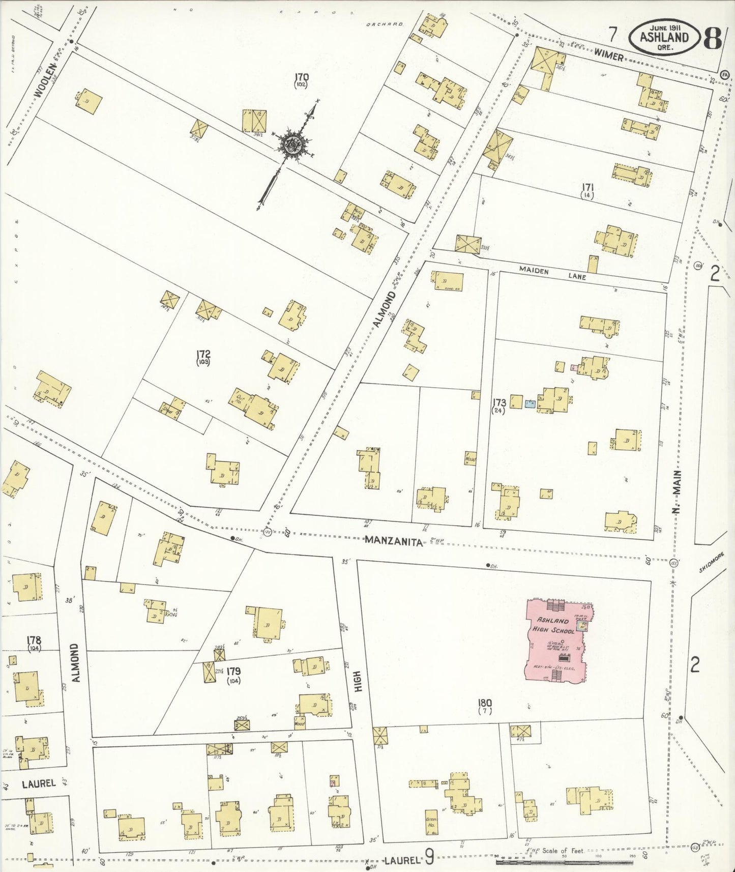 Sanborn Fire Insurance Map from Ashland, Jackson County, Oregon (1911), Sheet #0008 - Historic Sanborn Fire Insurance Map Print, vintage old map wall art, antique decor, genealogy gift, Oregon Oregon map