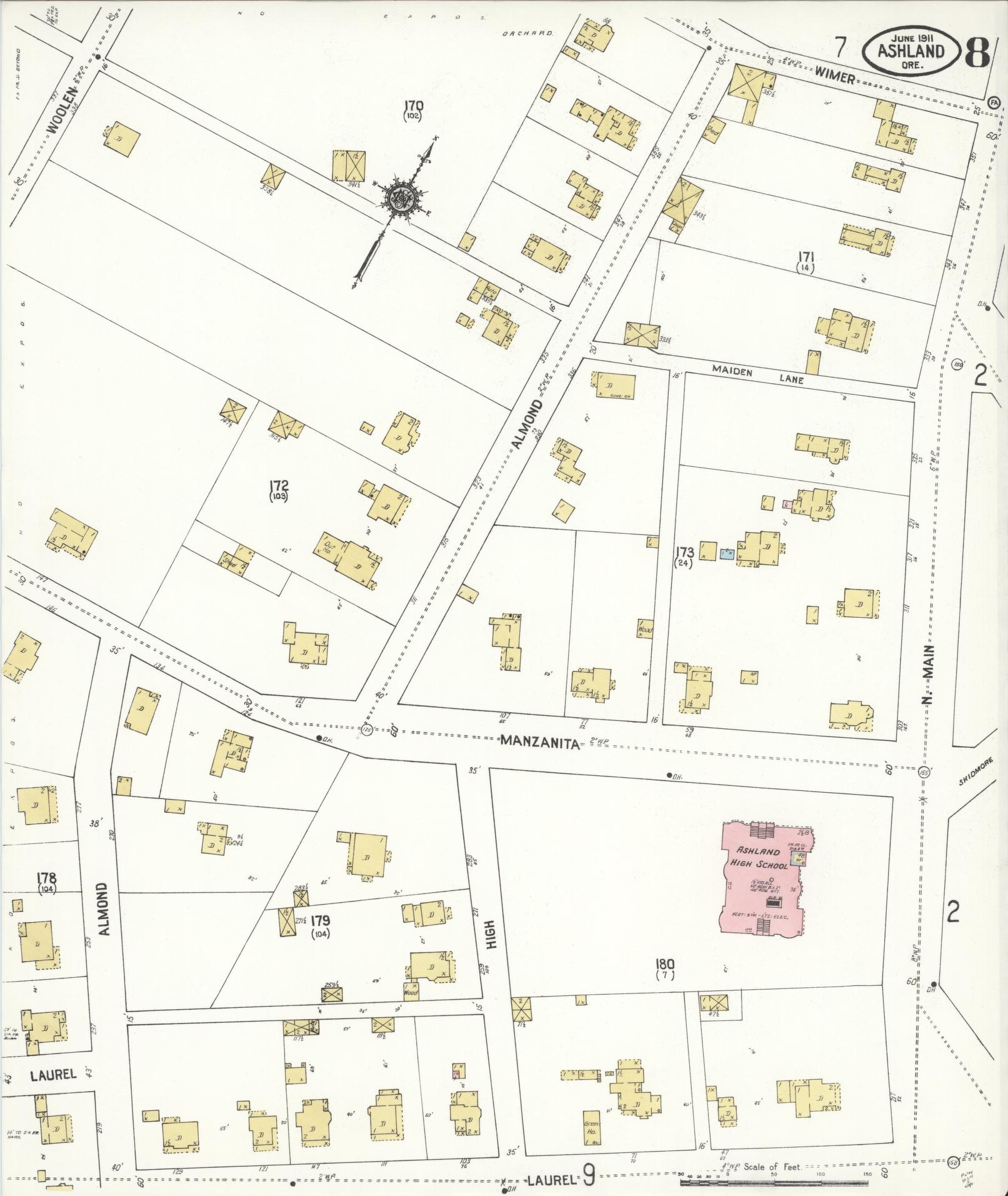 Sanborn Fire Insurance Map from Ashland, Jackson County, Oregon (1911), Sheet #0008 - Historic Sanborn Fire Insurance Map Print, vintage old map wall art, antique decor, genealogy gift, Oregon Oregon map