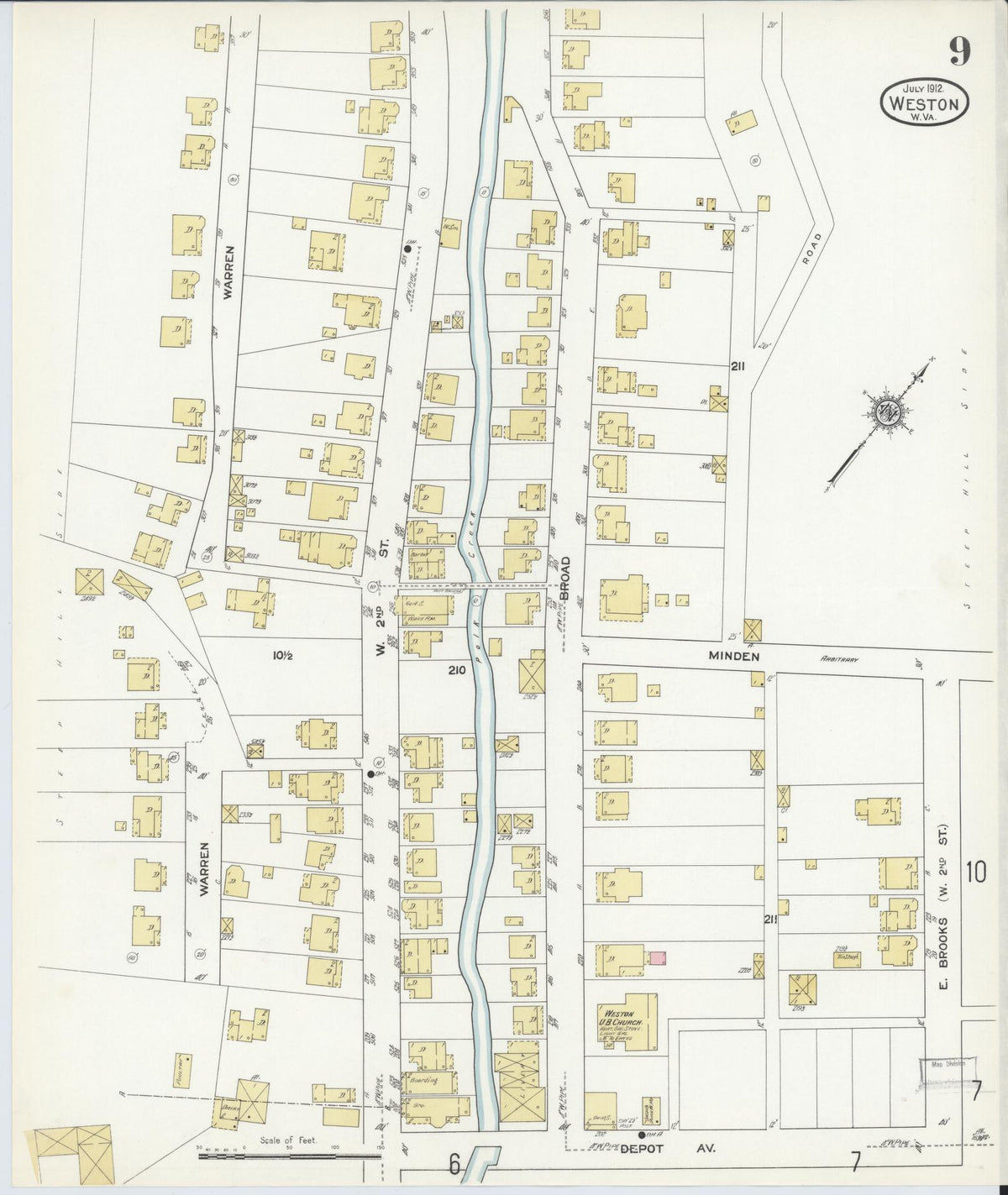 Sanborn Fire Insurance Map from Weston, Lewis County, West Virginia (1913), Sheet #0009 - Historic Sanborn Fire Insurance Map Print, vintage old map wall art, antique decor, genealogy gift, West Virginia West Virginia map