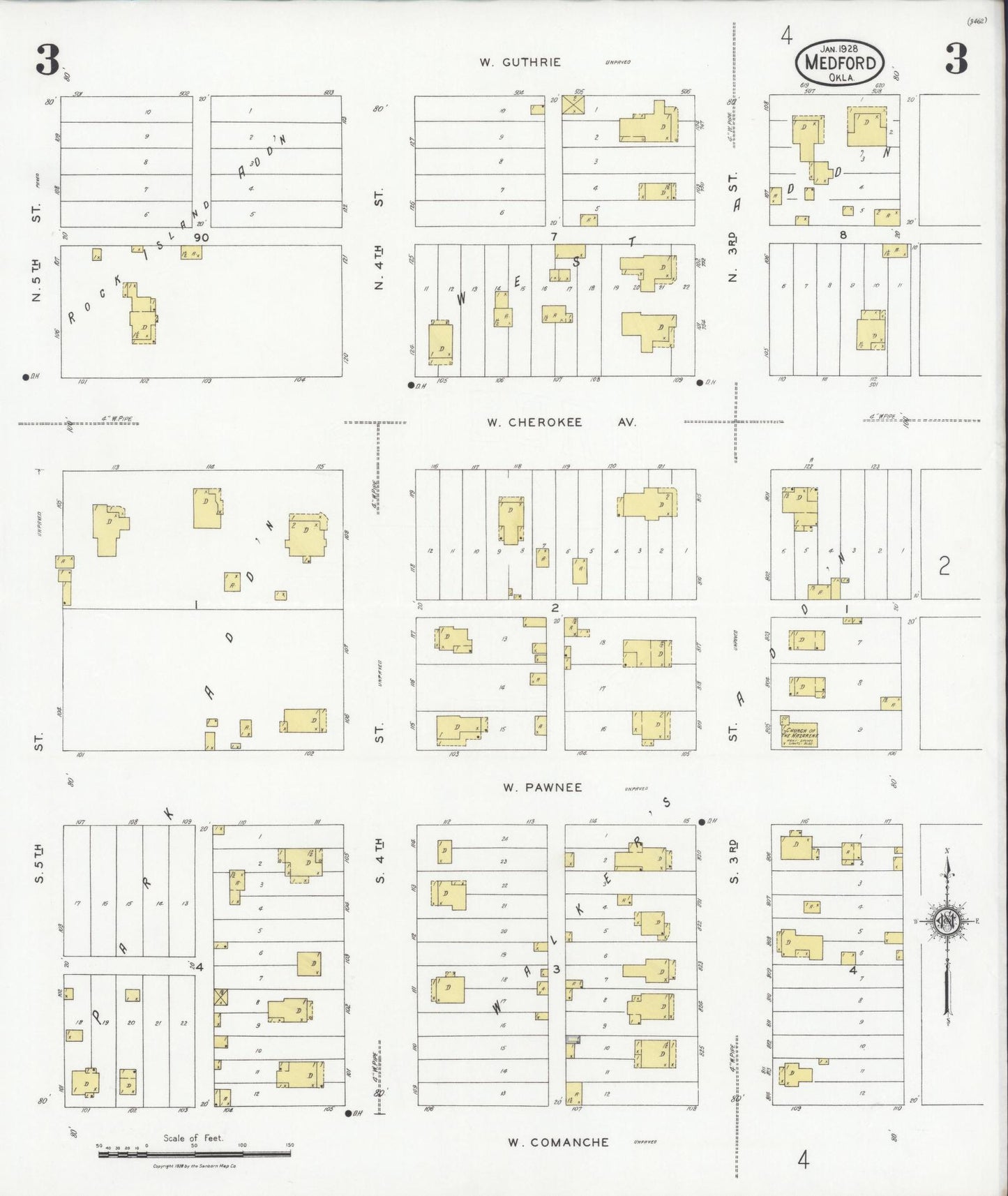 Sanborn Fire Insurance Map from Medford, Grant County, Oklahoma (1928), Sheet #0003 - Historic Sanborn Fire Insurance Map Print, vintage old map wall art, antique decor, genealogy gift, Oklahoma Oklahoma map