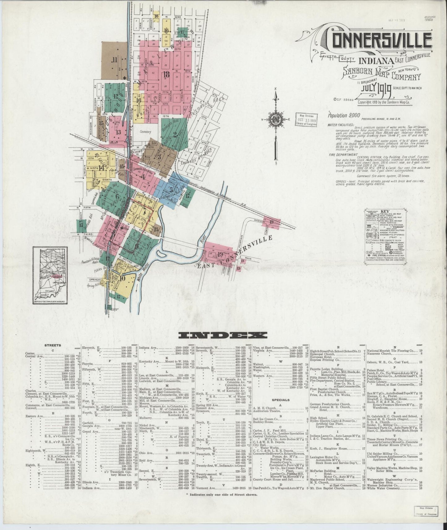 Sanborn Fire Insurance Map from Connersville, Fayette County, Indiana (1919), Sheet #0001 - Complete Map Set gallery image, historic Sanborn map, vintage wall art, Indiana Indiana
