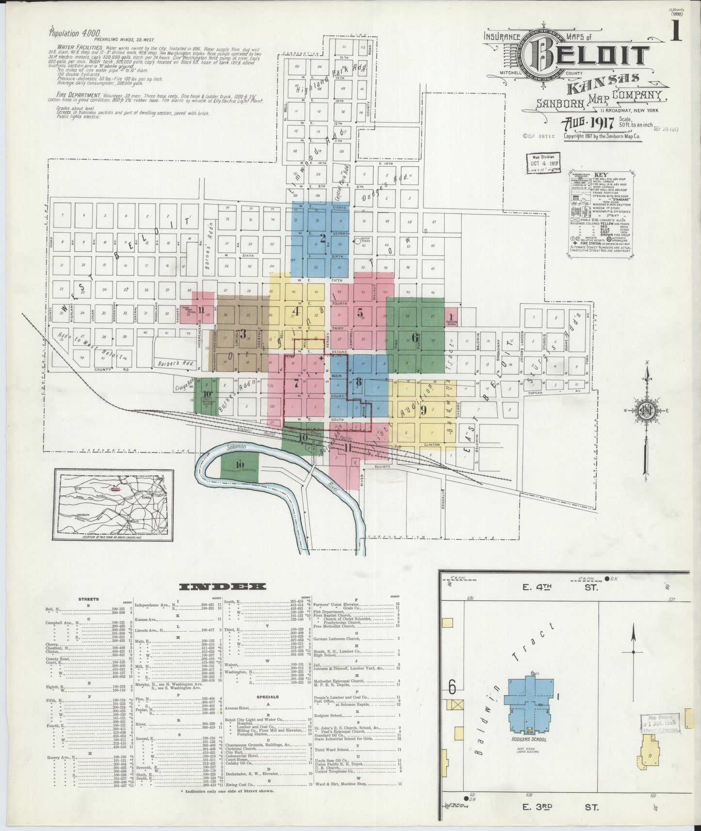 Sanborn Fire Insurance Map from Beloit, Mitchell County, Kansas (1917), Sheet #0001 - Historic Sanborn Fire Insurance Map Print, vintage old map wall art, antique decor, genealogy gift, Kansas Kansas map