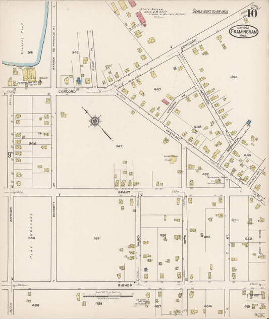 Sanborn Fire Insurance Map from Framingham, Middlesex County, Massachusetts (1922), Sheet #0010 - Historic Sanborn Fire Insurance Map Print, vintage old map wall art, antique decor, genealogy gift, Massachusetts Massachusetts map