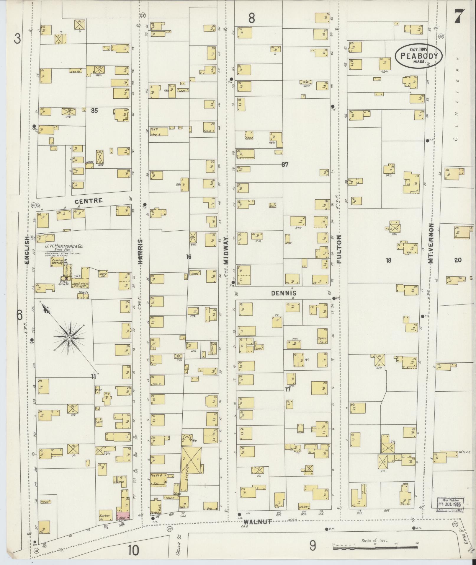 Sanborn Fire Insurance Map from Peabody, Essex County, Massachusetts (1897), Sheet #0007 - Historic Sanborn Fire Insurance Map Print, vintage old map wall art, antique decor, genealogy gift, Massachusetts Massachusetts map