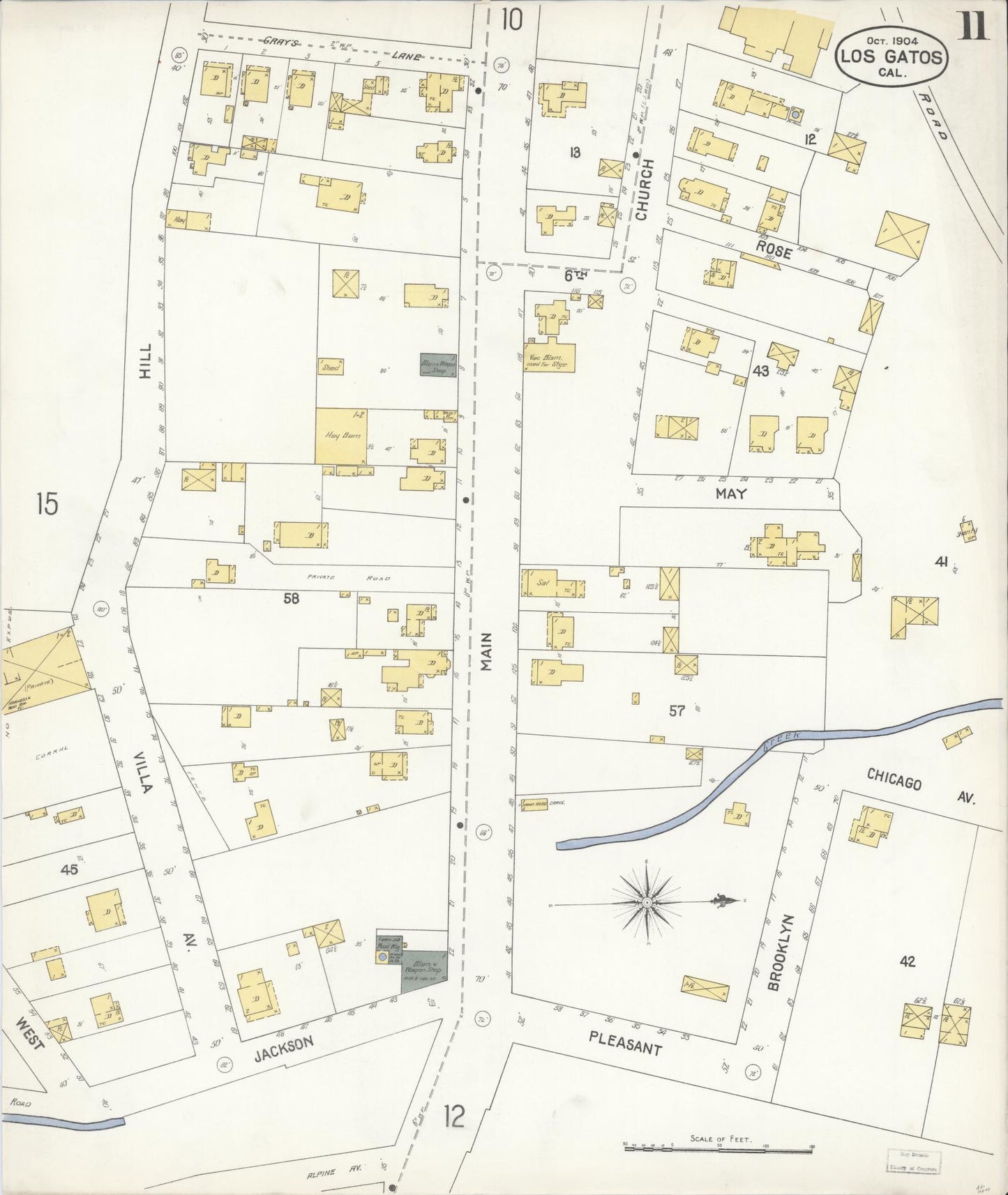 Sanborn Fire Insurance Map from Los Gatos, Santa Clara County, California (1904), Sheet #0011 - Historic Sanborn Fire Insurance Map Print, vintage old map wall art, antique decor, genealogy gift, California California map