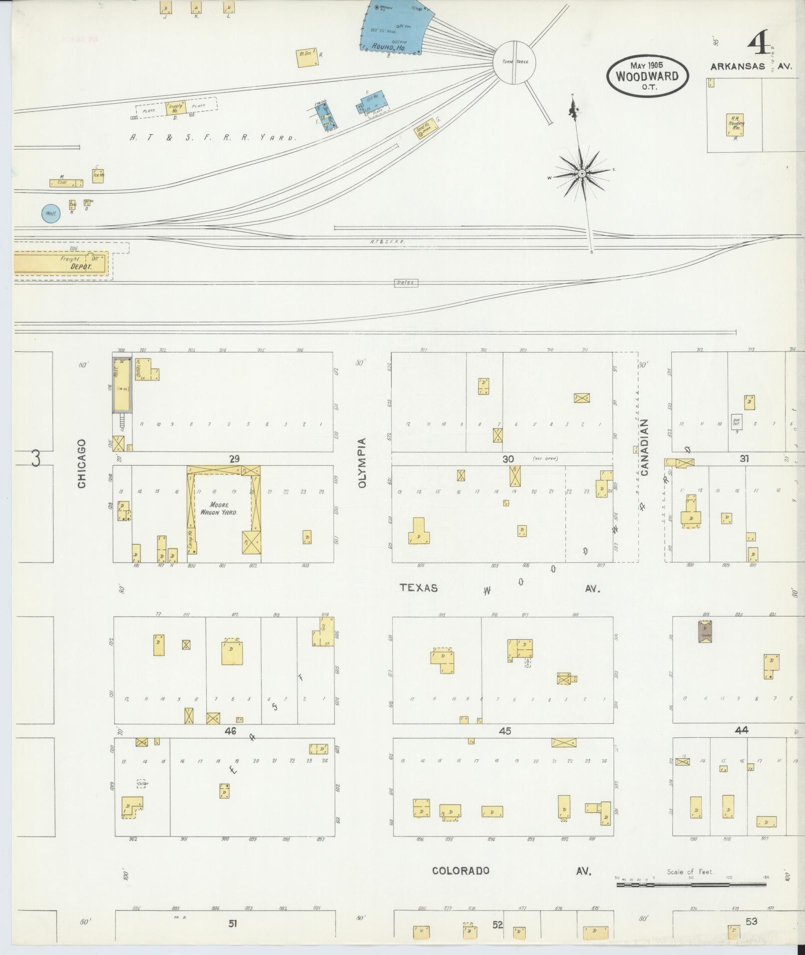 Sanborn Fire Insurance Map from Woodward, Woodward County, Oklahoma (1905), Sheet #0004 - Complete Map Set gallery image, historic Sanborn map, vintage wall art, Oklahoma Oklahoma