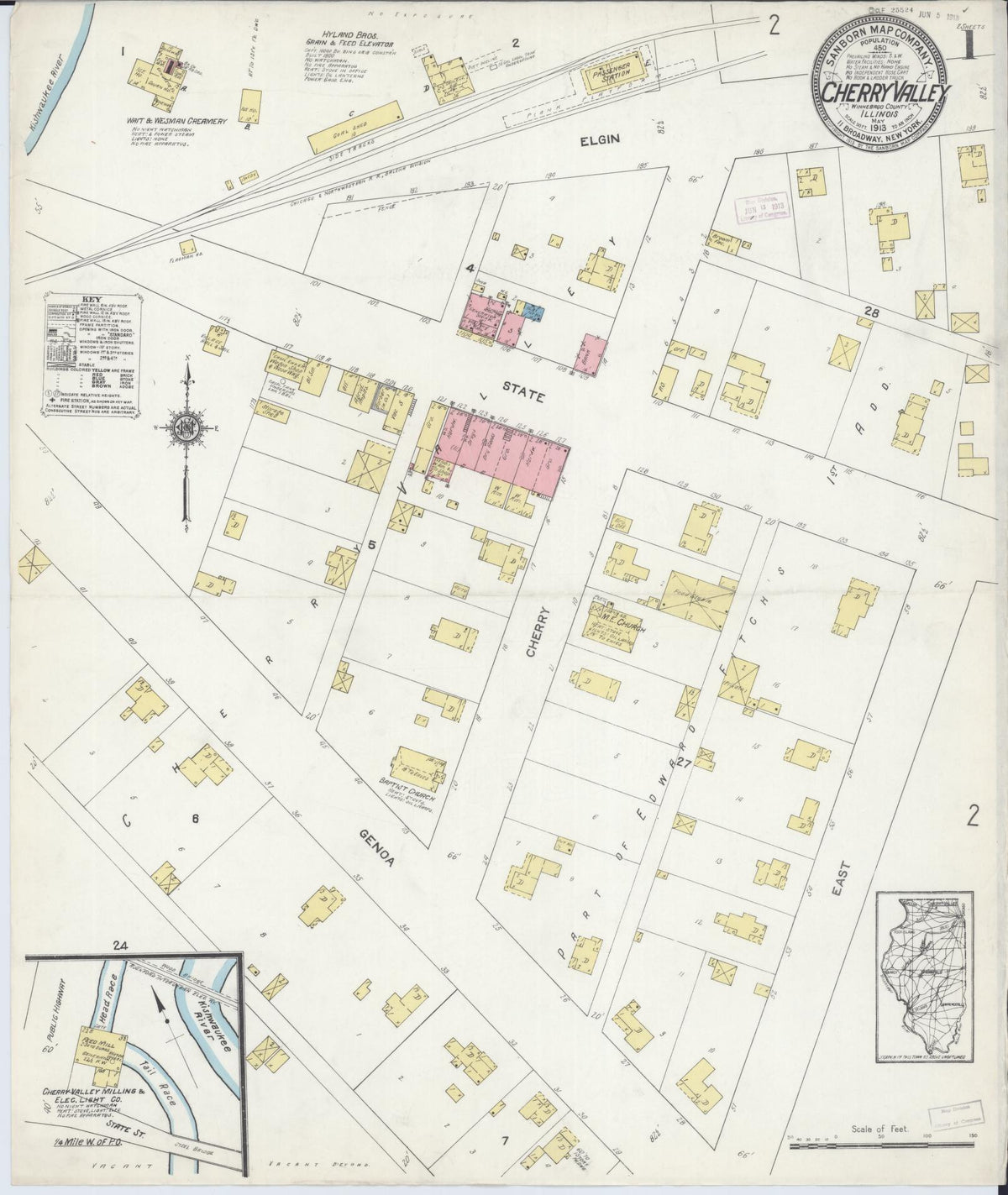 Sanborn Fire Insurance Map from Cherry Valley, Winnebago County, Illinois (1913), Sheet #0001 - Historic Sanborn Fire Insurance Map Print, vintage old map wall art, antique decor, genealogy gift, Illinois Illinois map