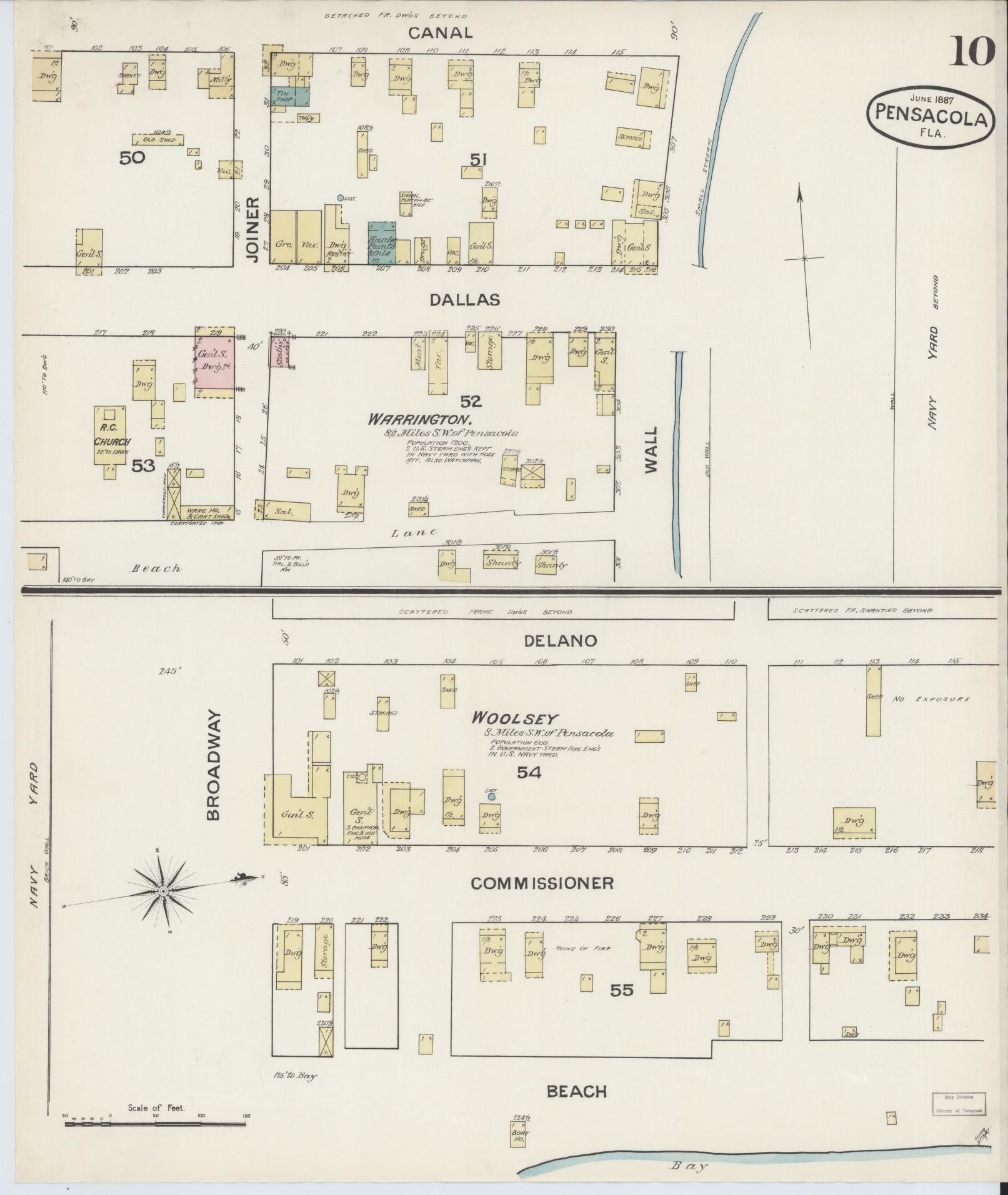 Sanborn Fire Insurance Map from Pensacola, Escambia County, Florida (1887), Sheet #0010 - Historic Sanborn Fire Insurance Map Print, vintage old map wall art, antique decor, genealogy gift, Florida Florida map