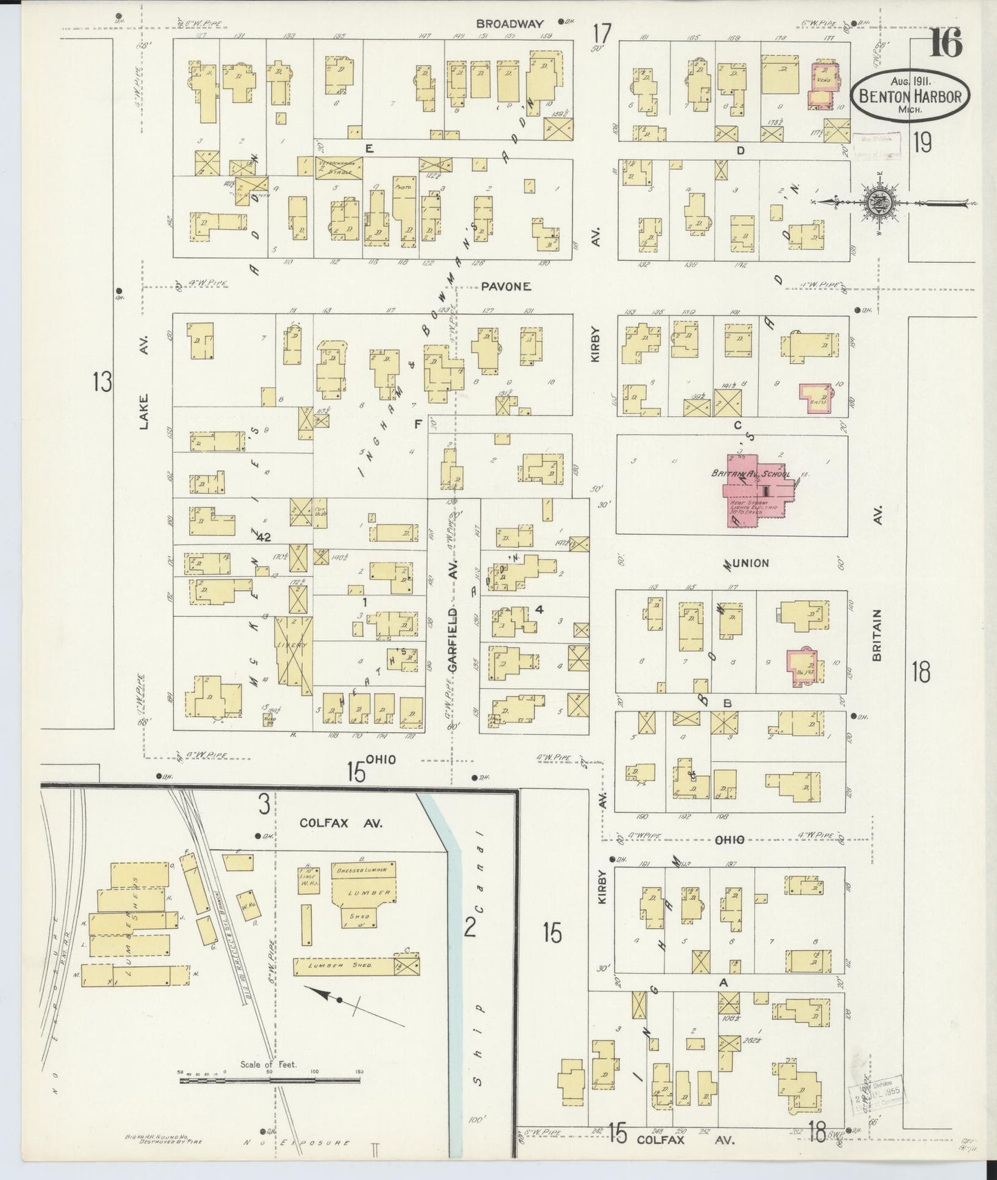 Sanborn Fire Insurance Map from Benton Harbor, Berrien County, Michigan (1911), Sheet #0016 - Historic Sanborn Fire Insurance Map Print, vintage old map wall art, antique decor, genealogy gift, Michigan Michigan map