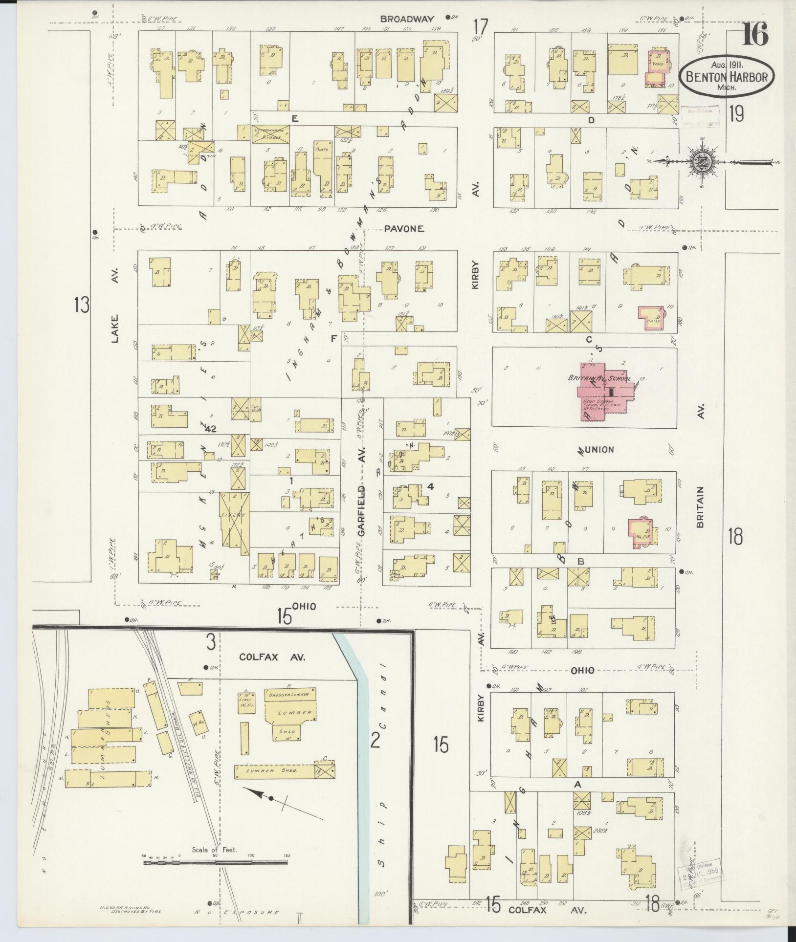 Sanborn Fire Insurance Map from Benton Harbor, Berrien County, Michigan (1911), Sheet #0016 - Historic Sanborn Fire Insurance Map Print, vintage old map wall art, antique decor, genealogy gift, Michigan Michigan map