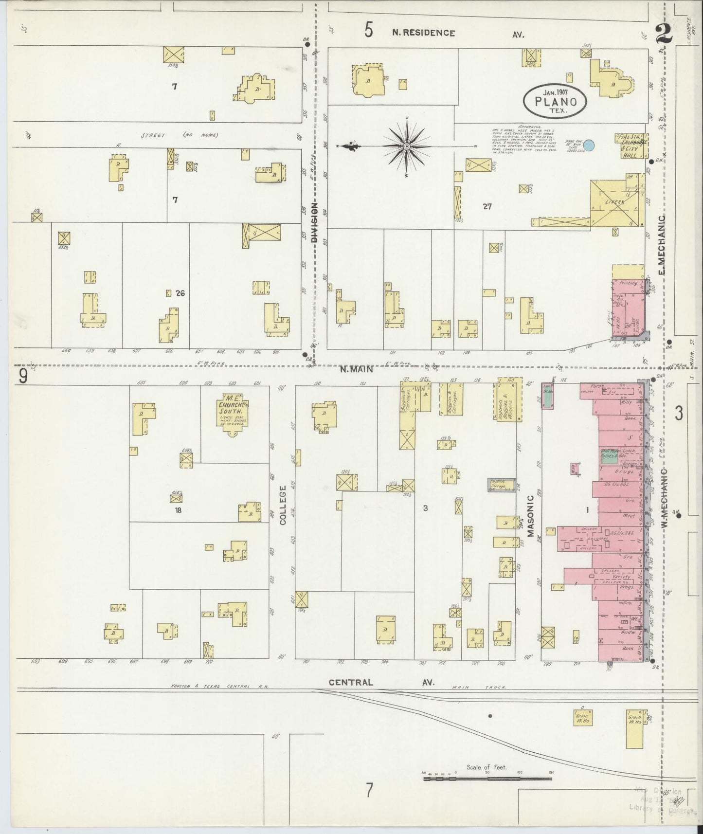 Sanborn Fire Insurance Map from Plano, Collin County, Texas (1907), Sheet #0002 - Historic Sanborn Fire Insurance Map Print, vintage old map wall art, antique decor, genealogy gift, Texas Texas map