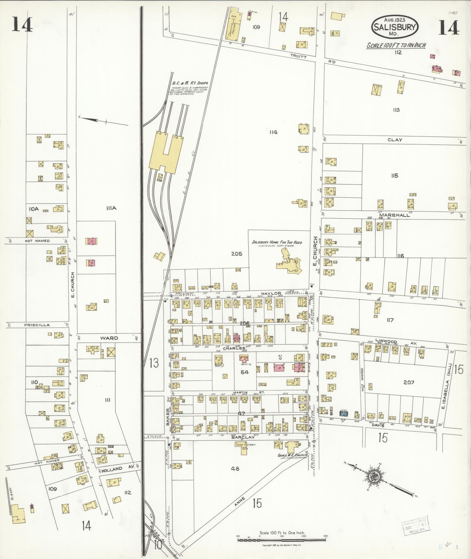 Sanborn Fire Insurance Map from Salisbury, Wicomico County, Maryland (1923), Sheet #0014 - Historic Sanborn Fire Insurance Map Print, vintage old map wall art