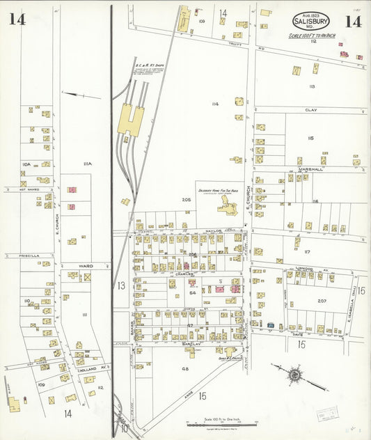 Sanborn Fire Insurance Map from Salisbury, Wicomico County, Maryland (1923), Sheet #0014 - Historic Sanborn Fire Insurance Map Print, vintage old map wall art