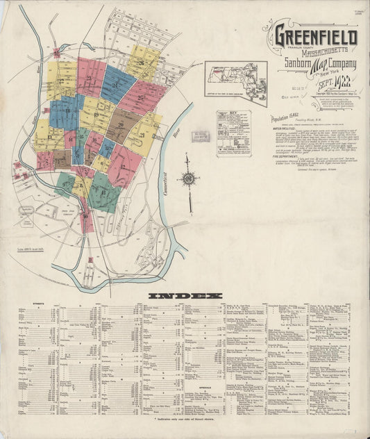 Sanborn Fire Insurance Map from Greenfield, Franklin County, Massachusetts (1922), Sheet #0001 - Complete Map Set gallery image, historic Sanborn map, vintage wall art, Massachusetts Massachusetts