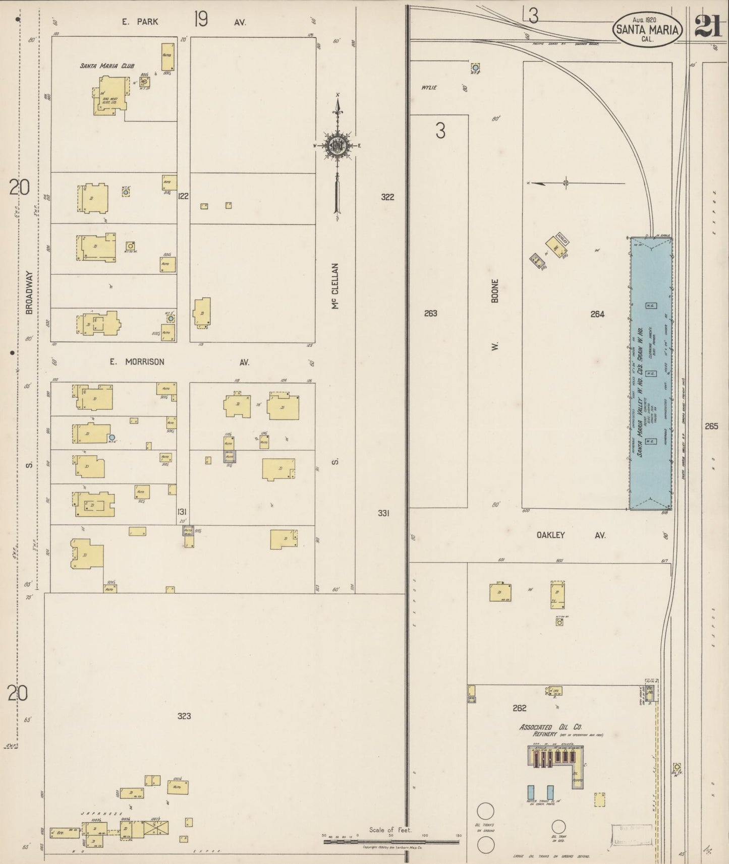 Sanborn Fire Insurance Map from Santa Maria, Santa Barbara County, California (1920), Sheet #0021 - Complete Map Set gallery image, historic Sanborn map, vintage wall art, California California