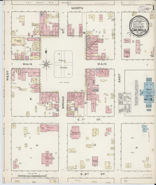 Sanborn Fire Insurance Map from Carlinville, Macoupin County, Illinois (1886), Sheet #0001 - Complete Map Set gallery image, historic Sanborn map, vintage wall art, Illinois Illinois