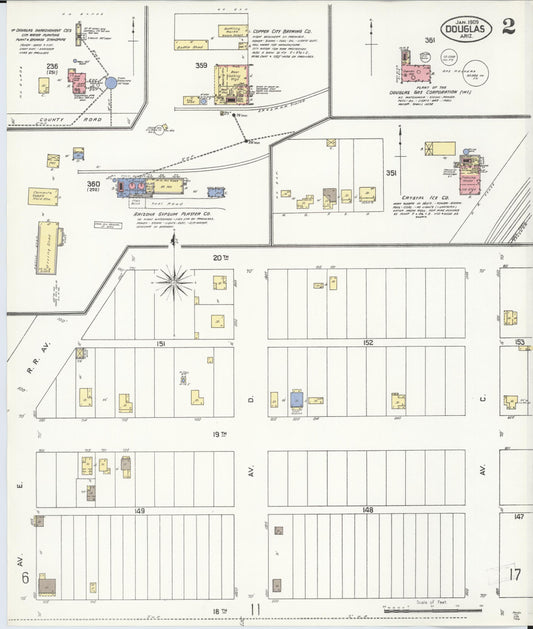 Sanborn Fire Insurance Map from Douglas, Cochise County, Arizona (1909), Sheet #0002 - Historic Sanborn Fire Insurance Map Print, vintage old map wall art, antique decor, genealogy gift, Arizona Arizona map