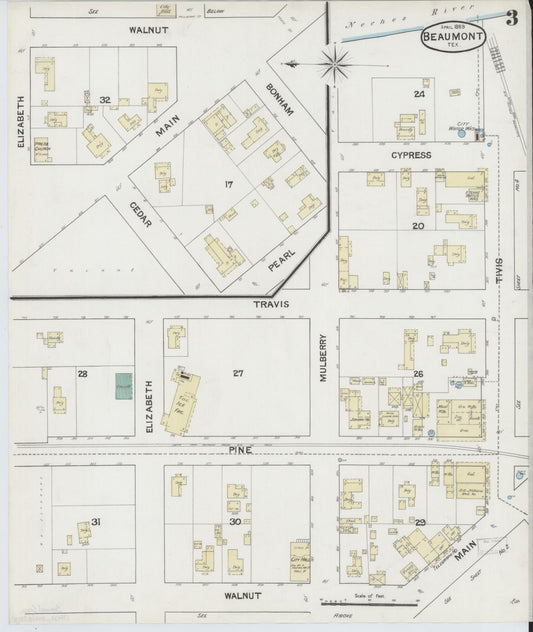 Sanborn Fire Insurance Map from Beaumont, Jefferson County, Texas (1889), Sheet #0003 - Historic Sanborn Fire Insurance Map Print, vintage old map wall art, antique decor, genealogy gift, Texas Texas map