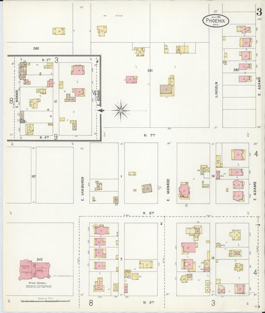 Sanborn Fire Insurance Map from Phoenix, Maricopa County, Arizona (1901), Sheet #0003 - Historic Sanborn Fire Insurance Map Print, vintage old map wall art, antique decor, genealogy gift, Arizona Arizona map
