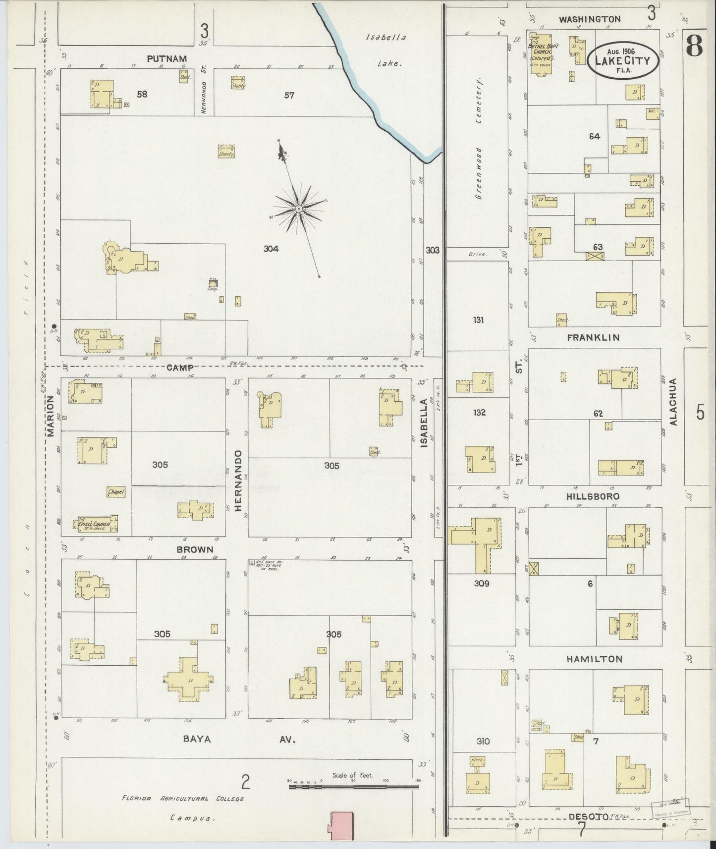 Sanborn Fire Insurance Map from Lake City, Columbia County, Florida (1906), Sheet #0008 - Historic Sanborn Fire Insurance Map Print, vintage old map wall art, antique decor, genealogy gift, Florida Florida map