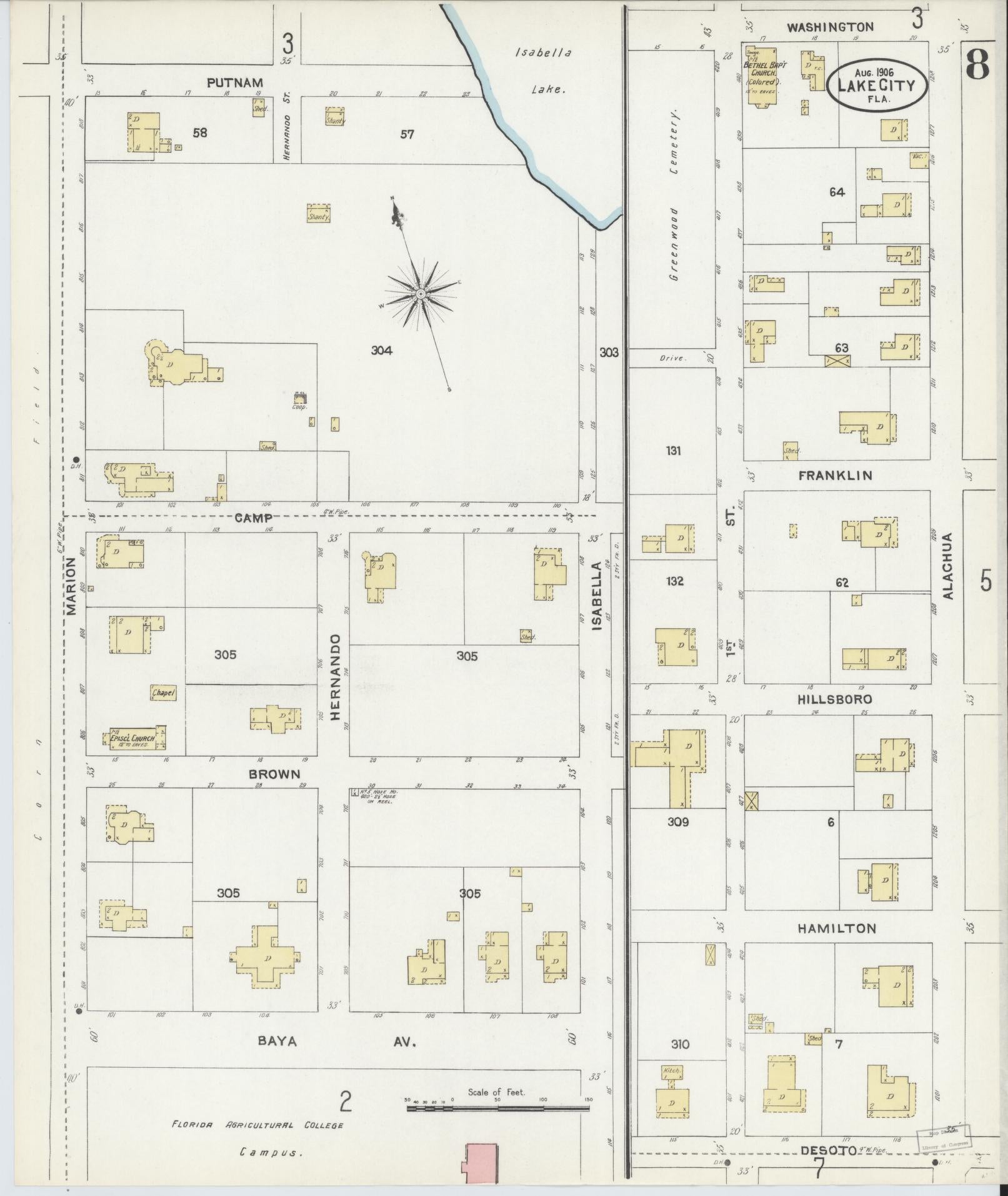 Sanborn Fire Insurance Map from Lake City, Columbia County, Florida (1906), Sheet #0008 - Historic Sanborn Fire Insurance Map Print, vintage old map wall art, antique decor, genealogy gift, Florida Florida map