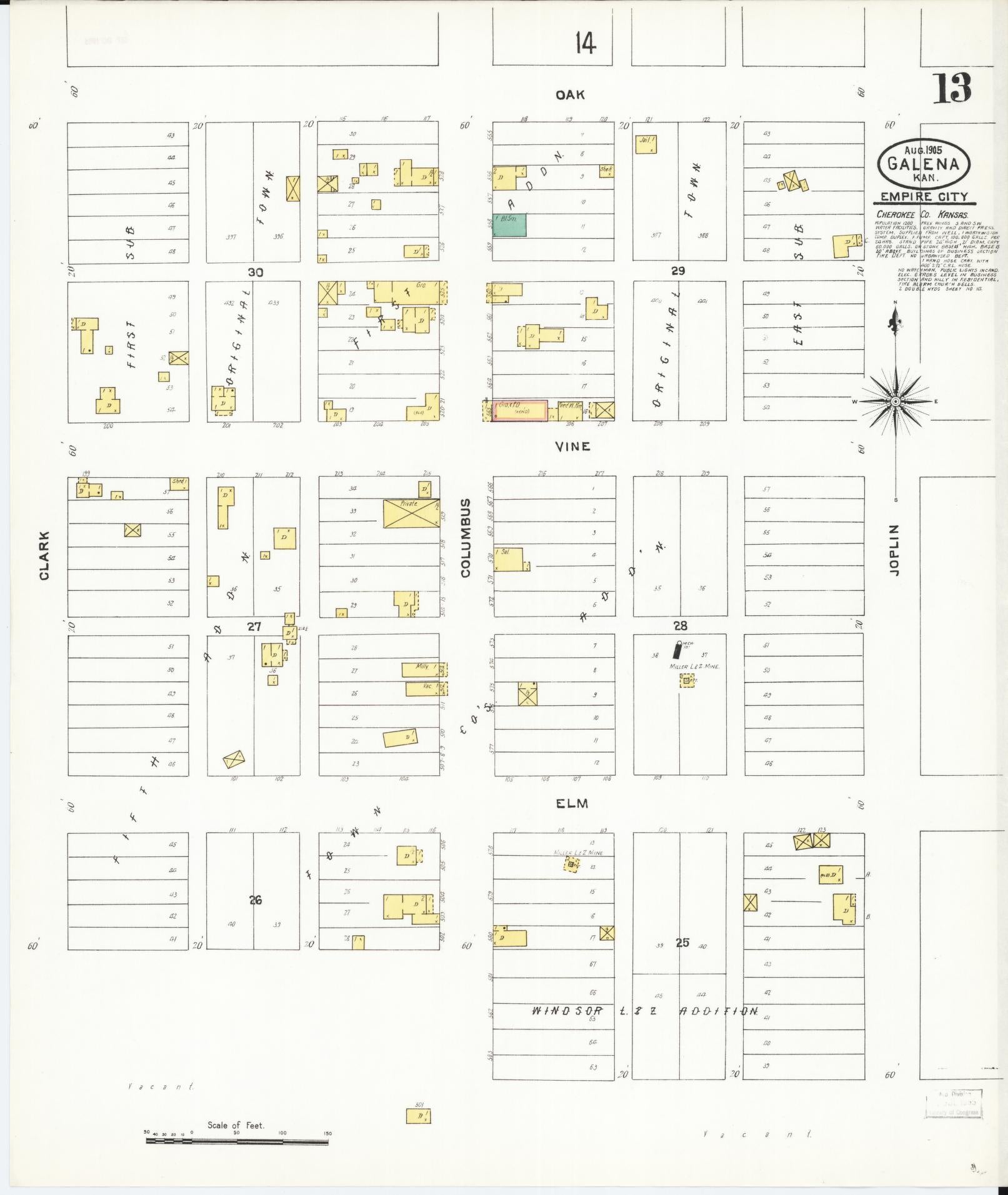 Sanborn Fire Insurance Map from Galena, Cherokee County, Kansas (1905), Sheet #0013 - Historic Sanborn Fire Insurance Map Print, vintage old map wall art, antique decor, genealogy gift, Kansas Kansas map