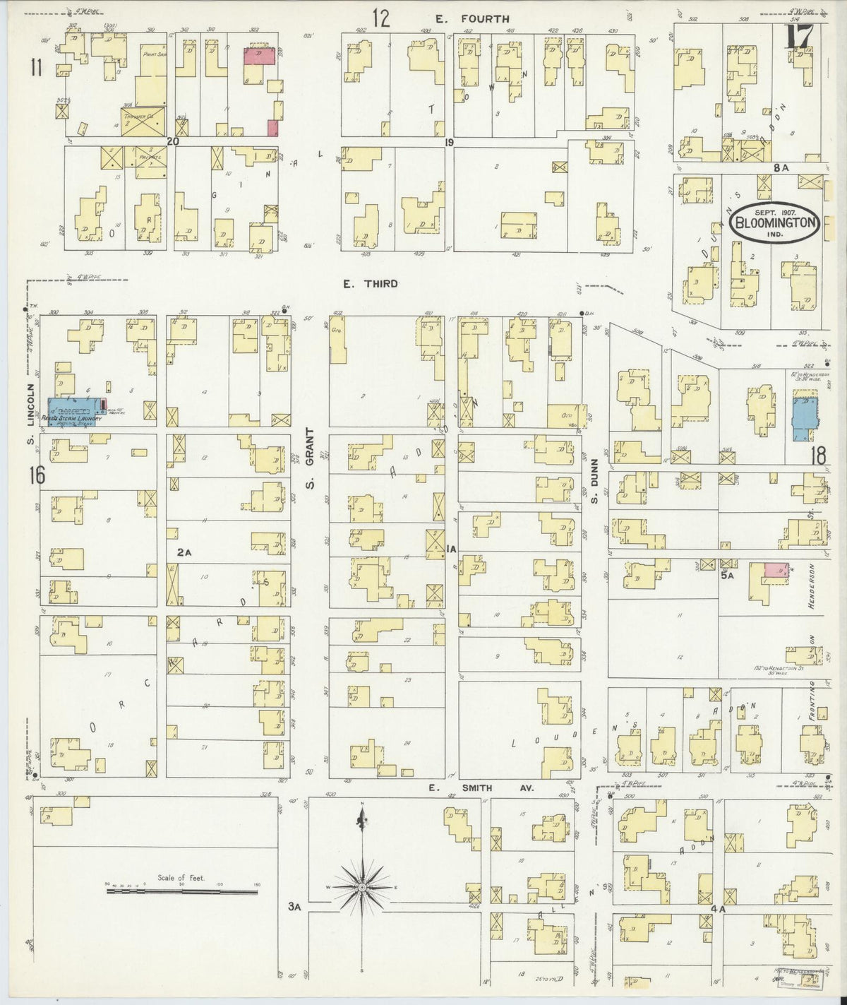 Sanborn Fire Insurance Map from Bloomington, Monroe County, Indiana (1907), Sheet #0017 - Historic Sanborn Fire Insurance Map Print, vintage old map wall art, antique decor, genealogy gift, Indiana Indiana map