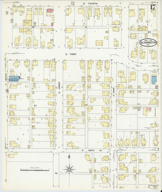 Sanborn Fire Insurance Map from Bloomington, Monroe County, Indiana (1907), Sheet #0017 - Historic Sanborn Fire Insurance Map Print, vintage old map wall art, antique decor, genealogy gift, Indiana Indiana map