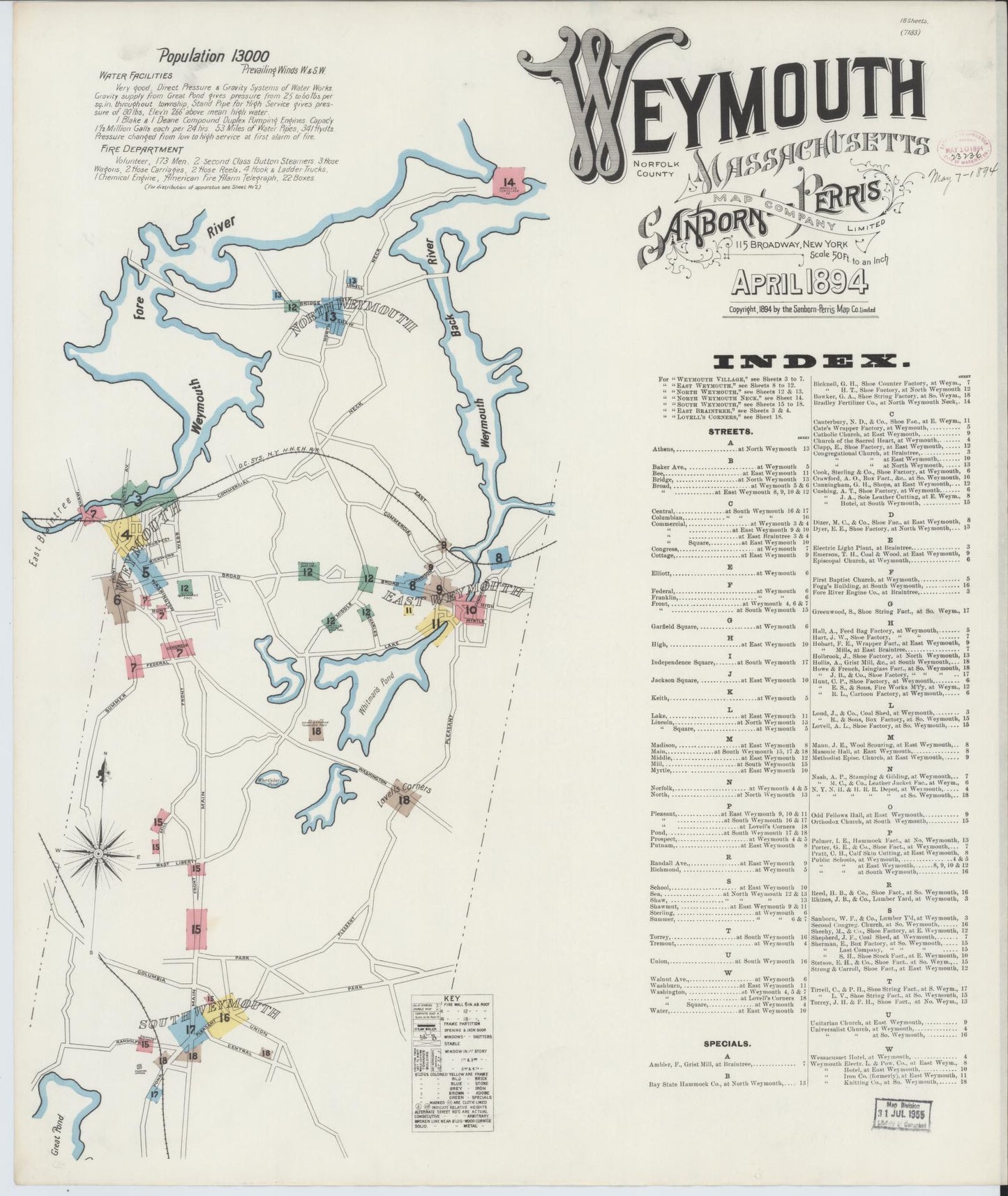Sanborn Fire Insurance Map from Weymouth, Norfolk County, Massachusetts (1894), Sheet #0001 - Historic Sanborn Fire Insurance Map Print, vintage old map wall art, antique decor, genealogy gift, Massachusetts Massachusetts map