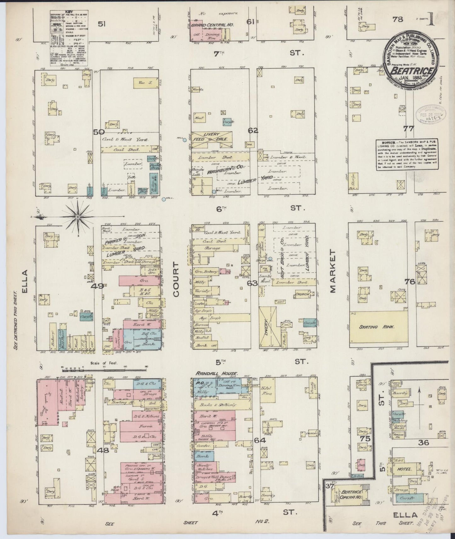 Sanborn Fire Insurance Map from Beatrice, Gage County, Nebraska (1885), Sheet #0001 - Complete Map Set gallery image, historic Sanborn map, vintage wall art, Nebraska Nebraska