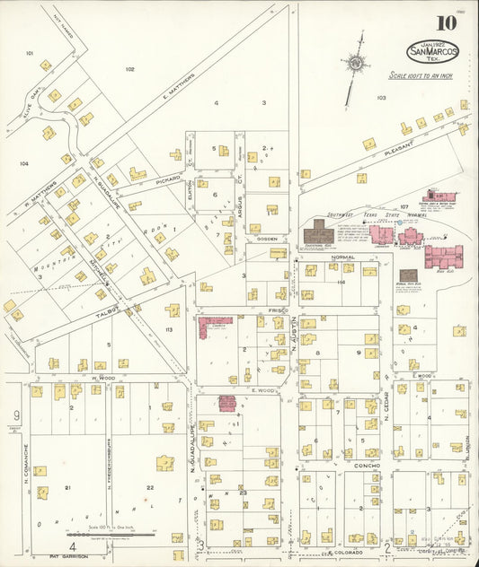 Sanborn Fire Insurance Map from San Marcos, Hays County, Texas (1922), Sheet #0010 - Historic Sanborn Fire Insurance Map Print, vintage old map wall art, antique decor, genealogy gift, Texas Texas map
