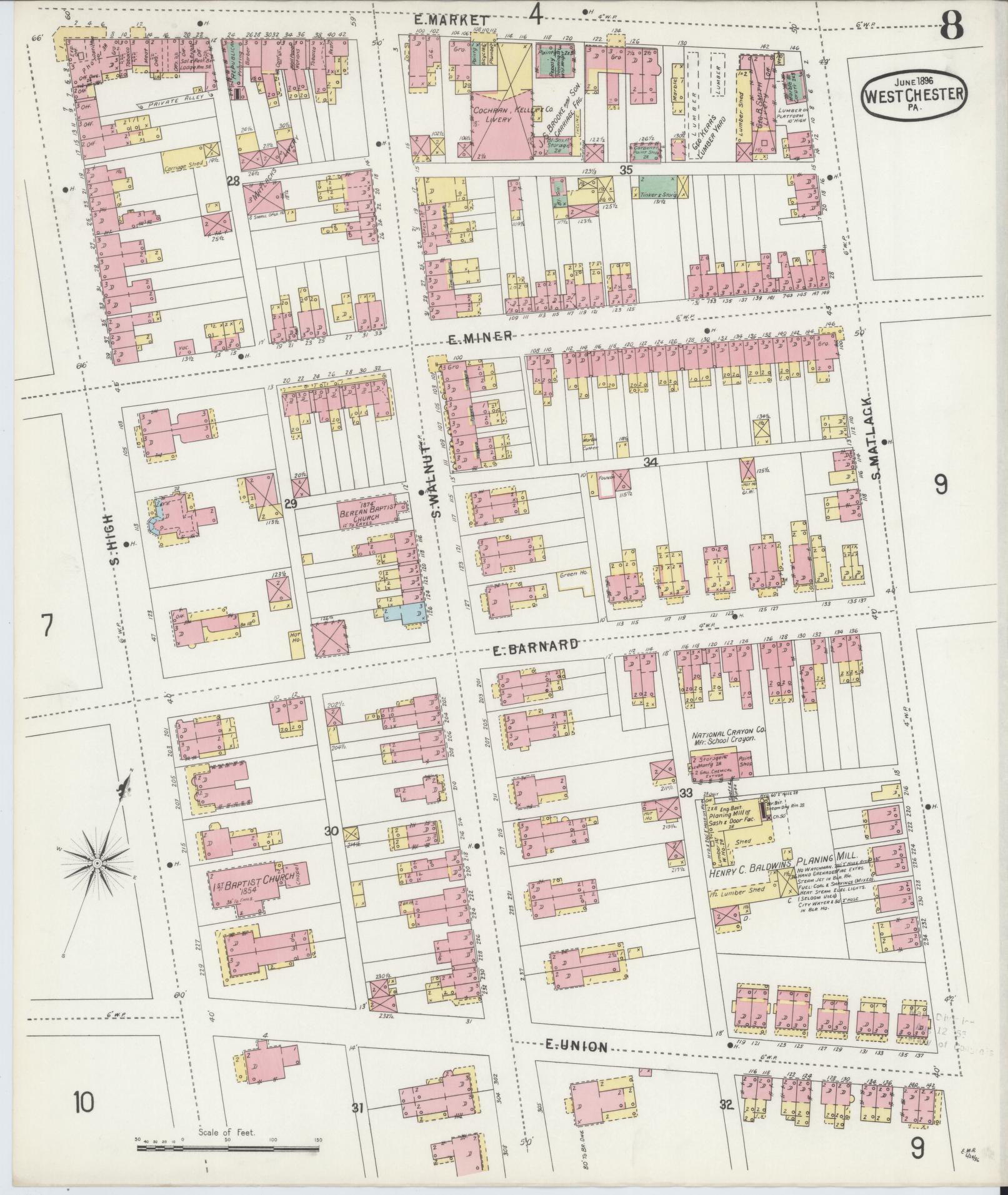 Sanborn Fire Insurance Map from West Chester, Chester County, Pennsylvania (1896), Sheet #0008 - Complete Map Set gallery image, historic Sanborn map, vintage wall art, Pennsylvania Pennsylvania
