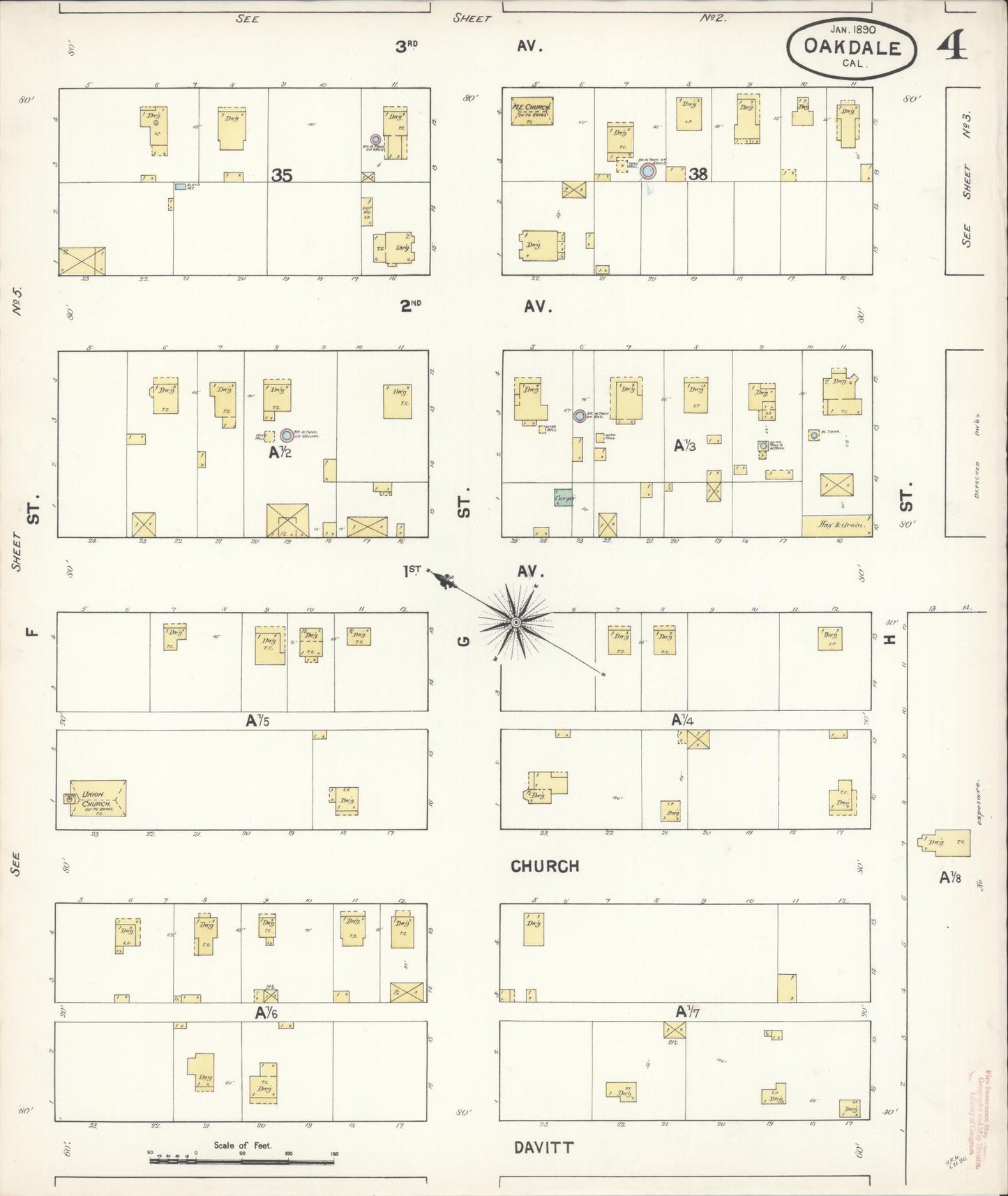 Sanborn Fire Insurance Map from Oakdale, Stanislaus County, California (1890), Sheet #0004 - Historic Sanborn Fire Insurance Map Print, vintage old map wall art, antique decor, genealogy gift, California California map