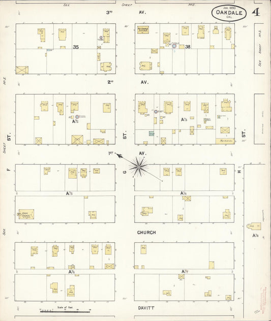 Sanborn Fire Insurance Map from Oakdale, Stanislaus County, California (1890), Sheet #0004 - Historic Sanborn Fire Insurance Map Print, vintage old map wall art, antique decor, genealogy gift, California California map
