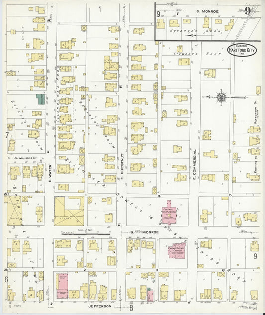 Sanborn Fire Insurance Map from Hartford City, Blackford County, Indiana (1909), Sheet #0009 - Historic Sanborn Fire Insurance Map Print, vintage old map wall art, antique decor, genealogy gift, Indiana Indiana map